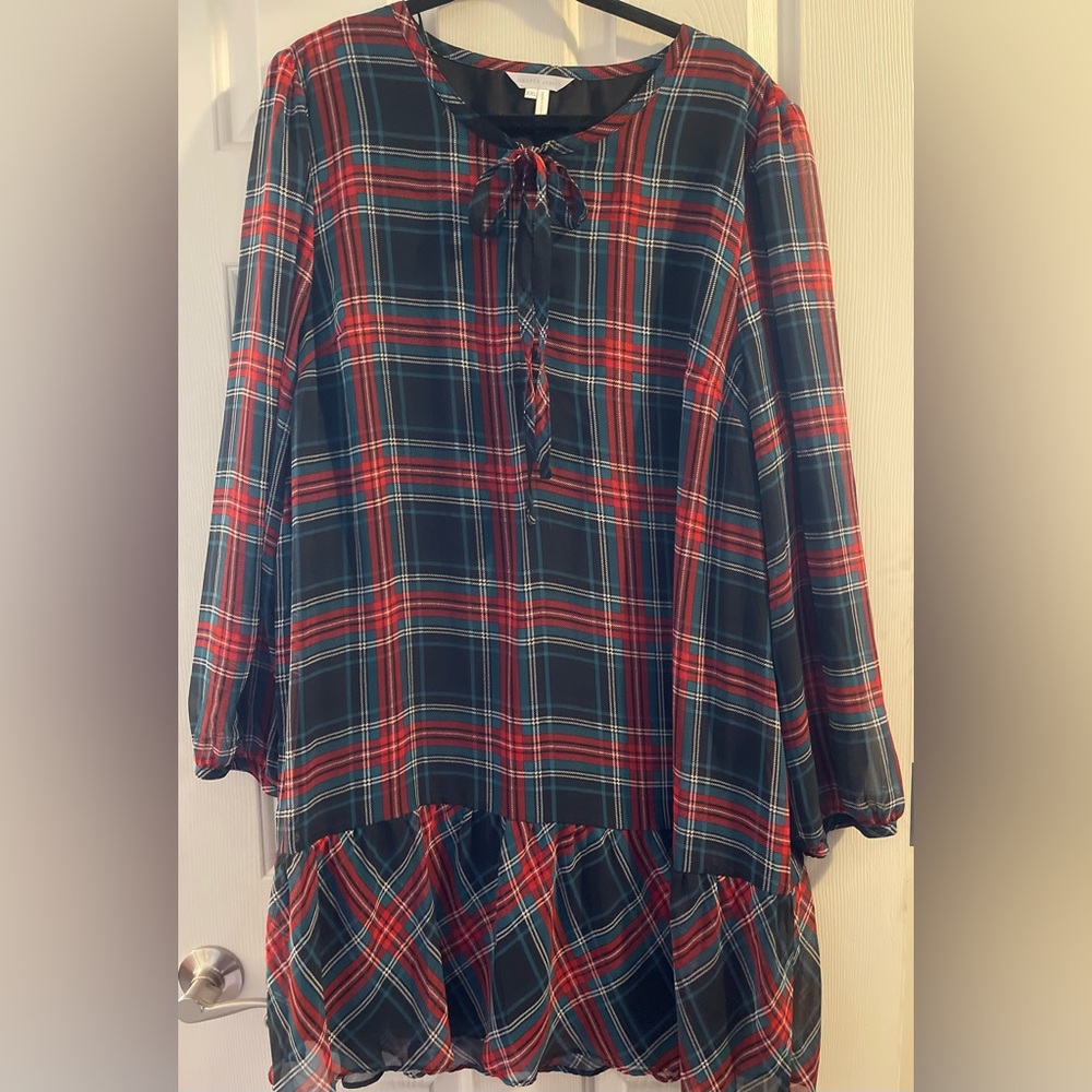 Draper James Plaid Chiffon Tie Neck Ruffle Shift Dress XXL